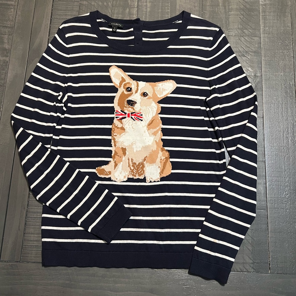Talbots Navy Striped CORGI Dog Sweater - Size Small